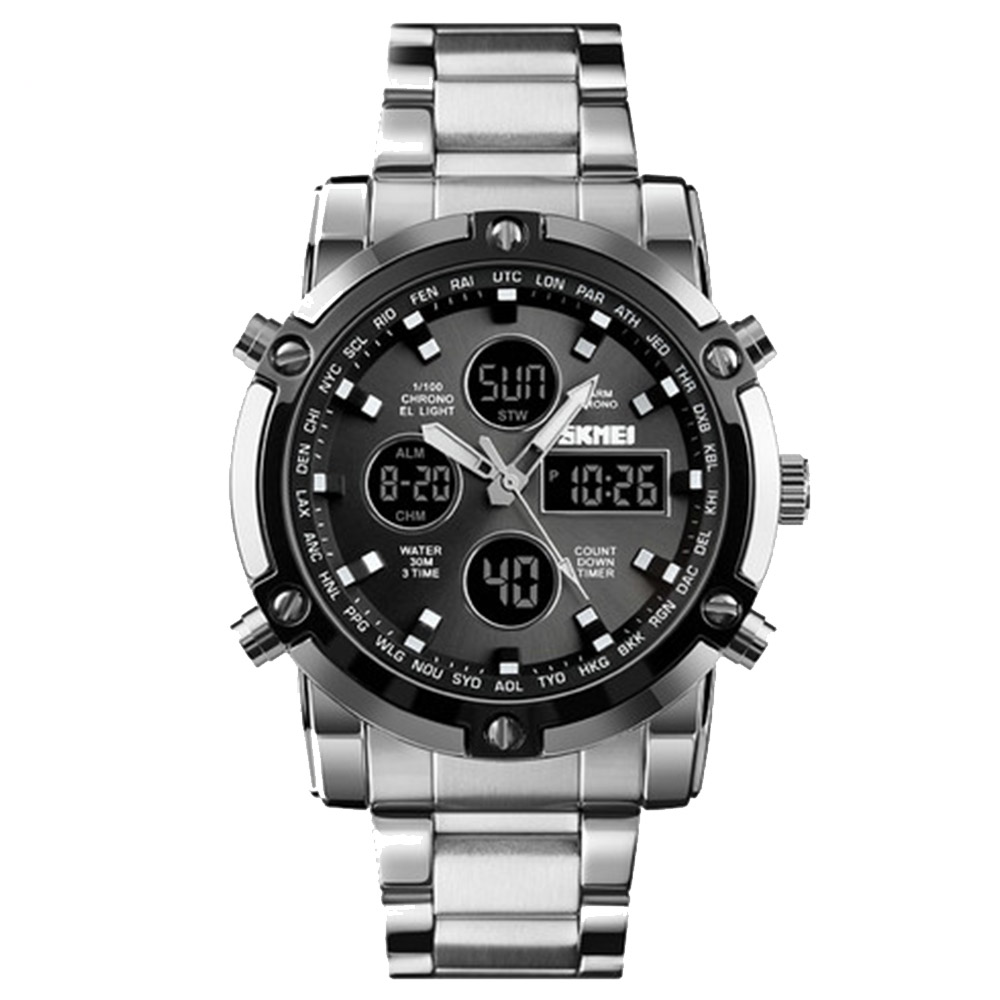 

Часы кварцевые Skmei 1389, черные со стальным ремешком, в металлическом боксе