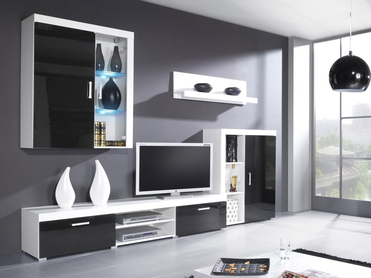 

Гостиная стенка комплект из ламинированной ДСП и стекла Samba A Белый/Черный Сama Польша без подсветки