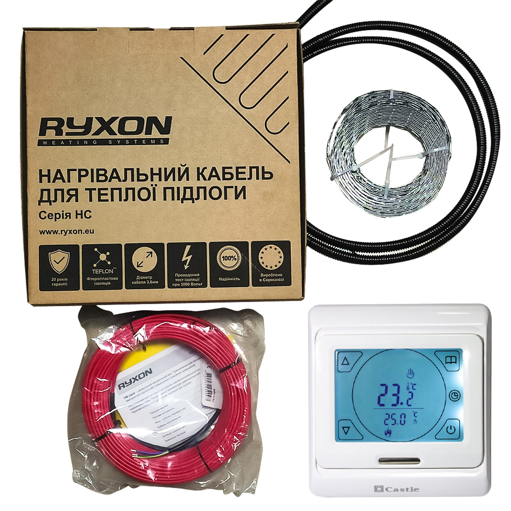 

Нагревательный кабель Ryxon HC-20-15 м + сенсорный терморегулятор Castle (1,5-1,9м2)