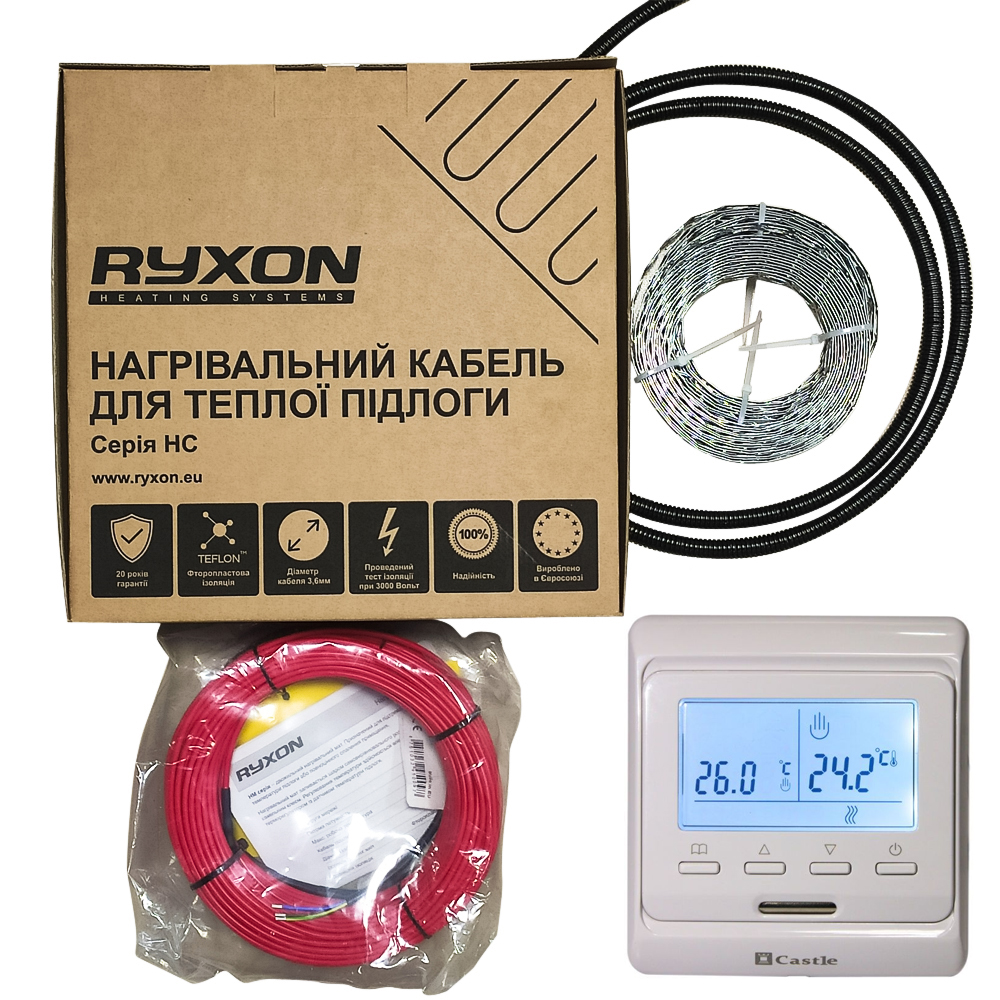 

Нагревательный кабель Ryxon HC-20-35 м + терморегулятор Castle (3,5-4,4 м2)