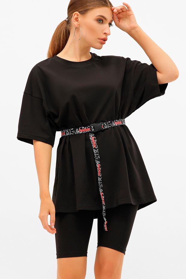

Женский GLEM спортивный oversize костюм Хизер с велосипедками и поясом цвет черный L