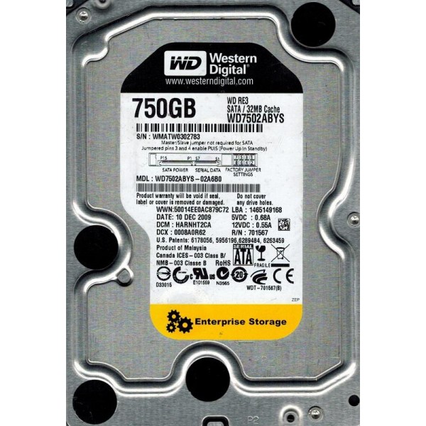 

HDD SATA 750GB WD RE3 7200prm 32MB (WD7502ABYS) Refurbished
