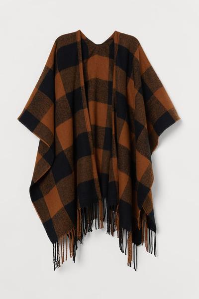 

Пончо с бахромой H&M ONE SIZE (165/88А) Коричневый/Черная клетка
