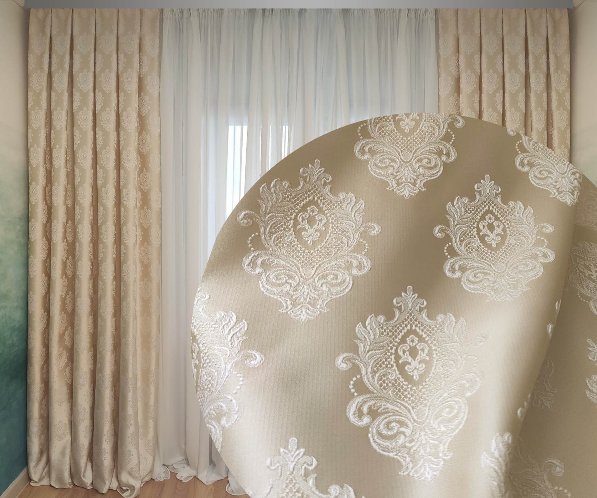 

Шторы Декорин Дамаск 225х270 см 2 шт Молочный рисунок на светло-золотистом фоне