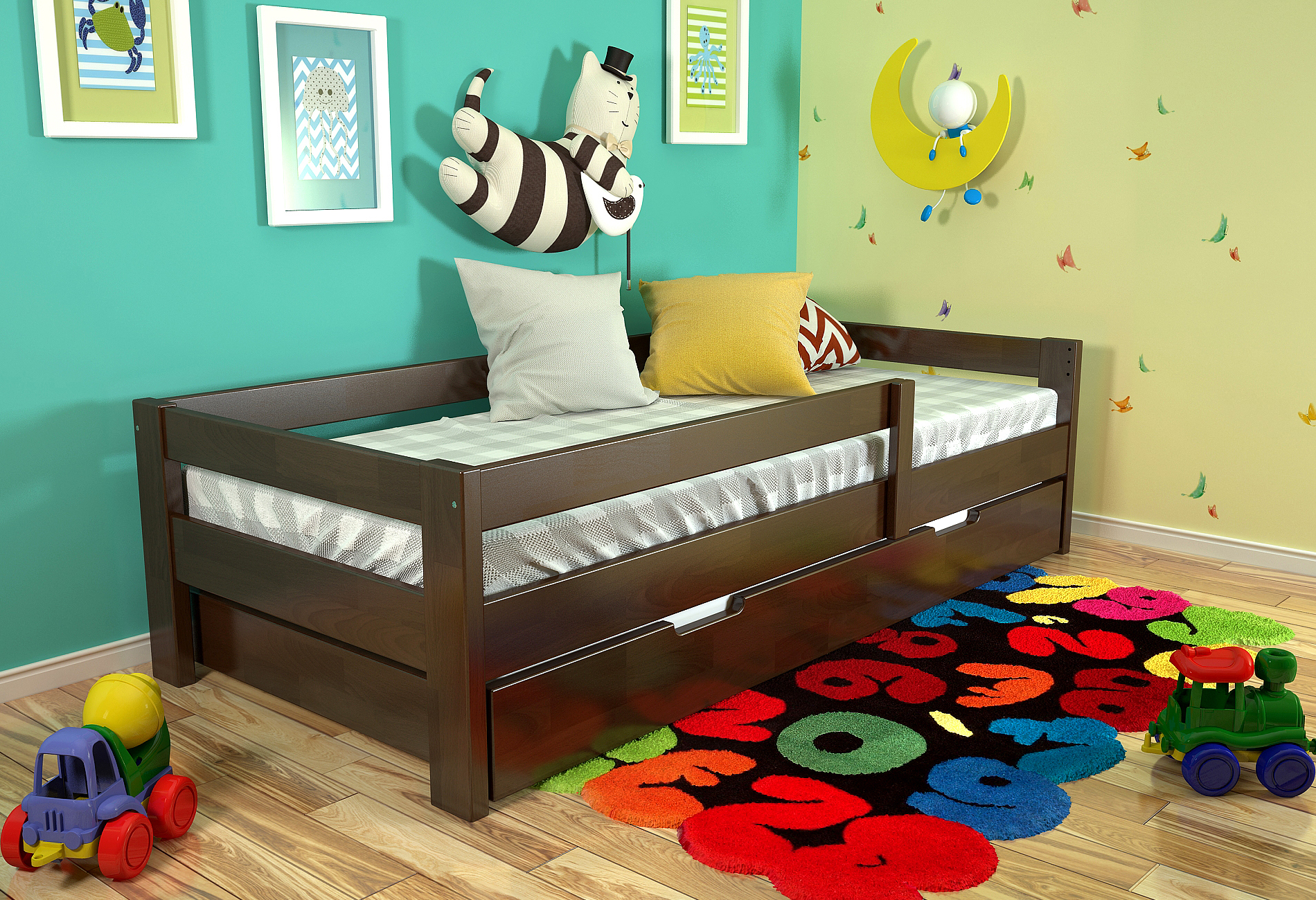 

Детская кровать с длинным ящиком Arbordrev Альф (90*190) сосна Темный орех