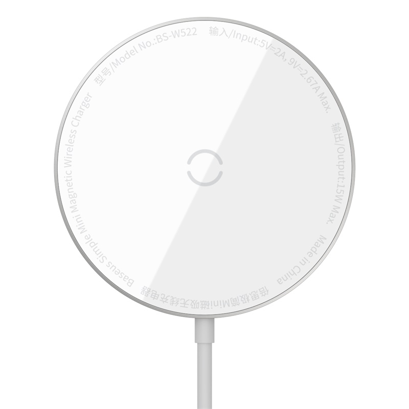 

Беспроводная зарядка Qi BASEUS Simple Mini Magnetic Wireless Charger (suit for Iphone 12 with Type-C cable 1.5m) |15W, 6.5mm| (WXJK-F01) White