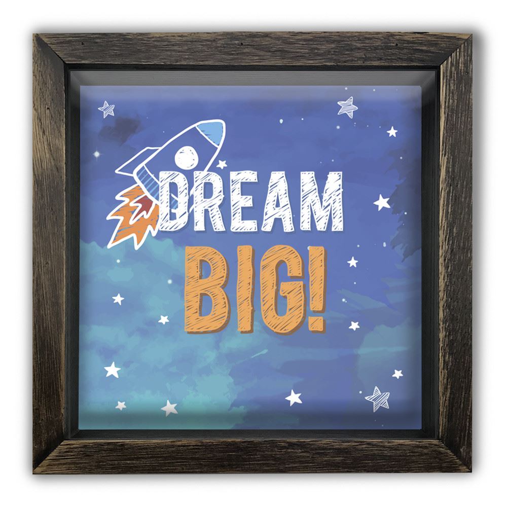 

Дерев'яна копілка (скарбничка) 20 20 см "Dream big" ракета в зоряному небі, коричнева вінтажна