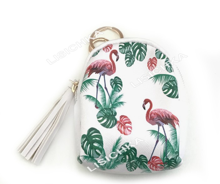

Детский кошелек-брелок Lezo в виде мини-рюкзачка - белый с фламинго тропики