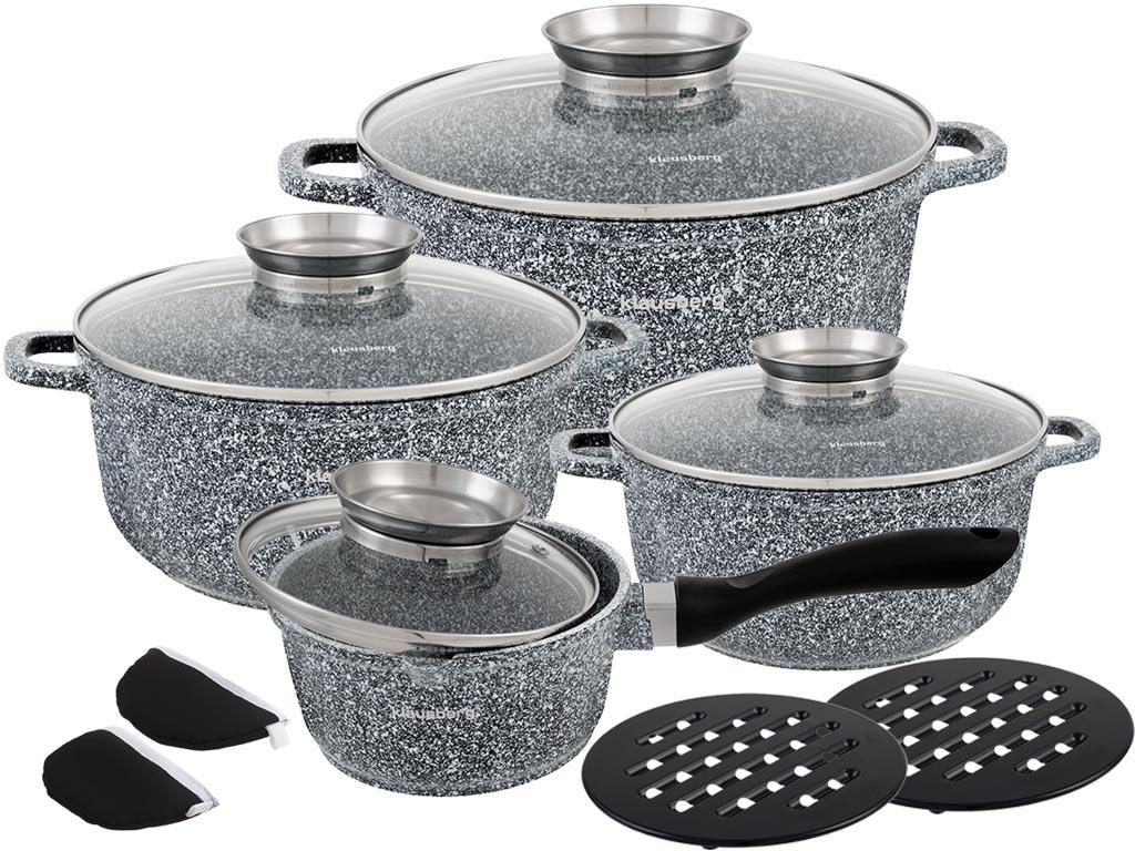 

Посуда Klausberg 12предметовKB-7325 (ковш 1.3л; 1.3л; 2.3л; 4.5л; 2 бакелитовая подставка+2 прихватки)