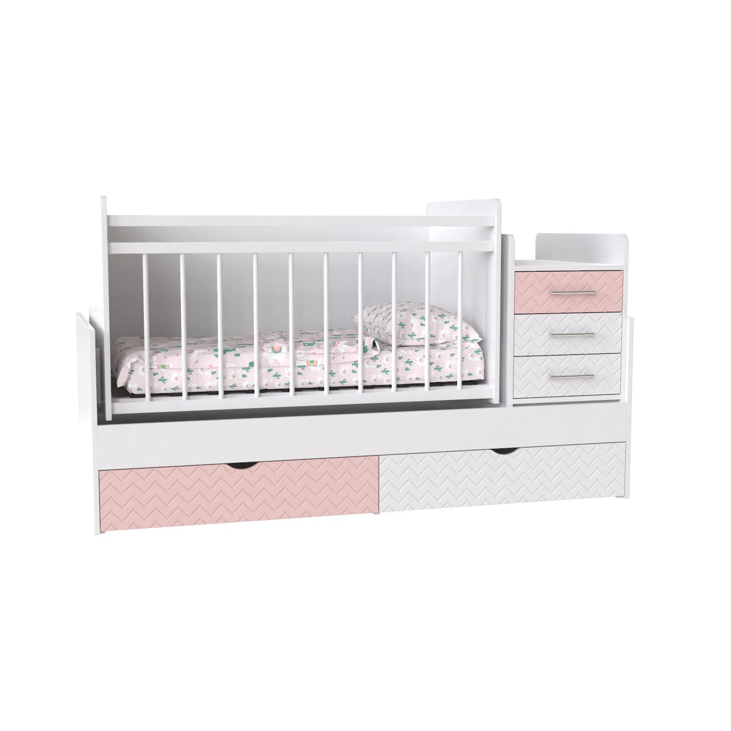 

Детская кровать трансформер из ЛДСП и МДФ Binky ДС039 (3 в 1) 1732х1050х732 аляска / розовый + белый суперматовый / решетка белая цвет Artinhead