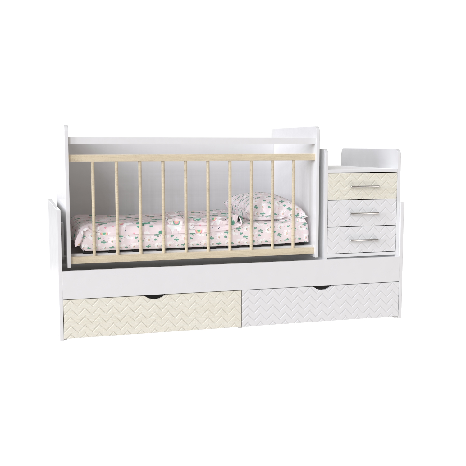 

Детская кровать трансформер из ЛДСП и МДФ Binky ДС039 (3 в 1) 1732х1050х732 аляска / дуб немо лате + белый суперматовый / решетка без покрытия цвет Artinhead