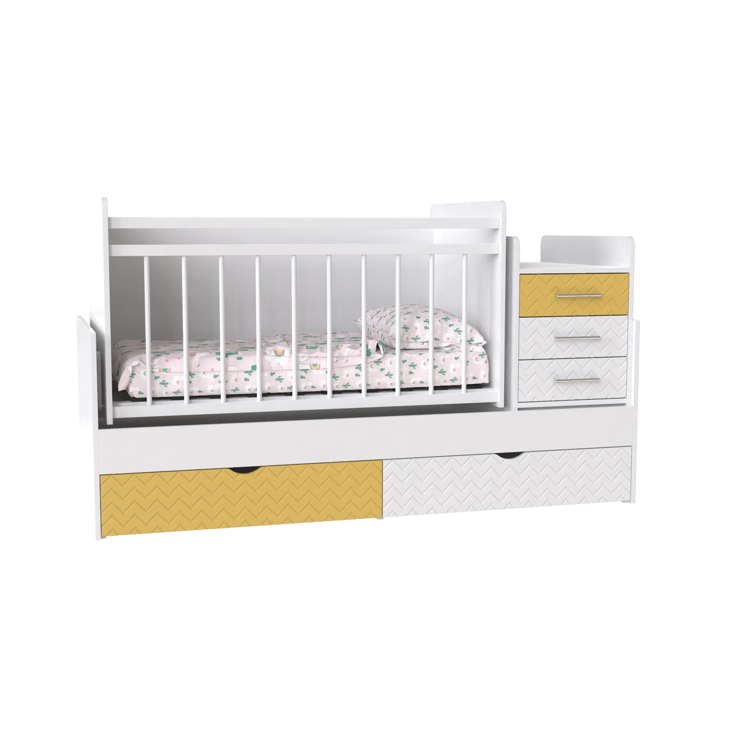

Детская кровать трансформер из ЛДСП и МДФ Binky ДС039 (3 в 1) 1732х1050х732 аляска / охра желтая + белый суперматовый / решетка белая цвет Artinhead