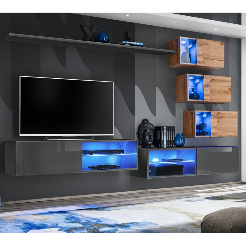 

Стенка в гостиную из ДСП и стекла Switch XXIV ASM Meble цвет Графит/Дуб Вотан