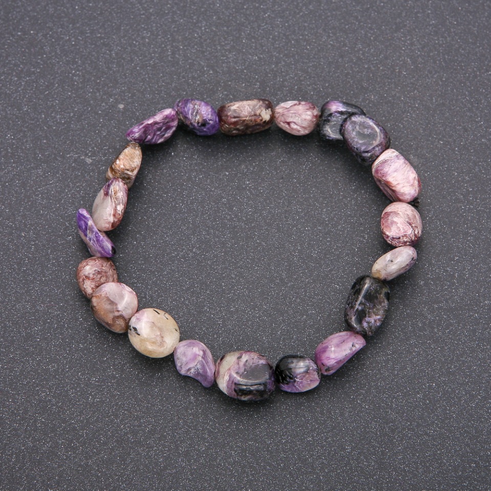 

Браслет из натурального камня Чароит на резинке галтовка, диаметр 9х11(+-)мм обхват 18см, ida39789