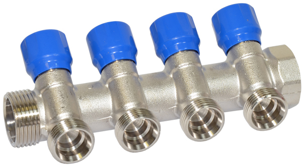 

Коллектор угловой CARLO POLETTI 1" x 3/4" EK 4 выхода (синие ручки) никель (C324N12QB)