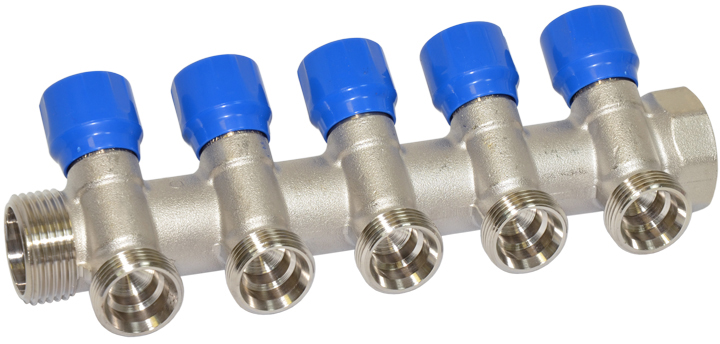 

Коллектор угловой CARLO POLETTI 1" x 3/4" EK 5 выходов (синие ручки) никель (C325N12QB)