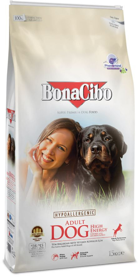 

Гипоаллергенный сухой корм для взрослых собак BonaCibo Adult Dog High Energy с мясом курицы, анчоусами и рисом 15 кг