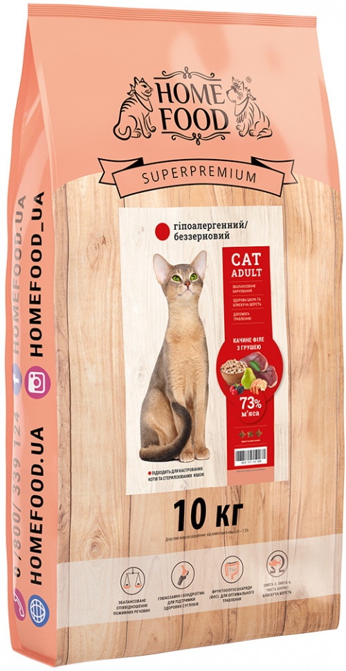 

Гипоаллергенный беззерновой сухой корм для взрослых котов Home Food Утиное филе с нутом, грушей и лесными ягодами 10 кг
