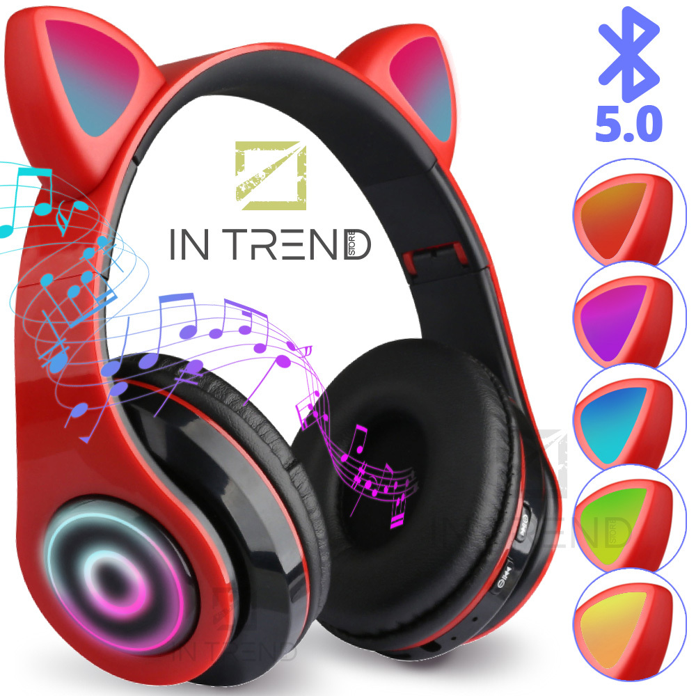 

Беспроводные наушники детские складние Wireless headphones Cat ear CXT-B39 c Bluetooth гарнитурой 5.0 MicroSD до 32 Гб с кошачьими ушками и LED подсветкой / Красный