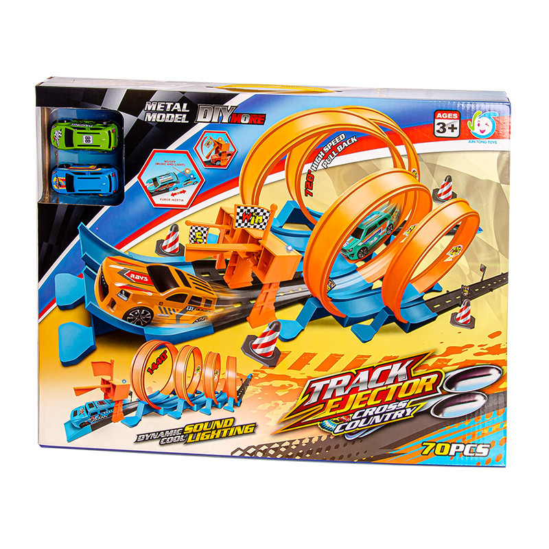 

Трек Jun Tong Toys инерционный с машинками 70 деталей на 4 кольца 2000256