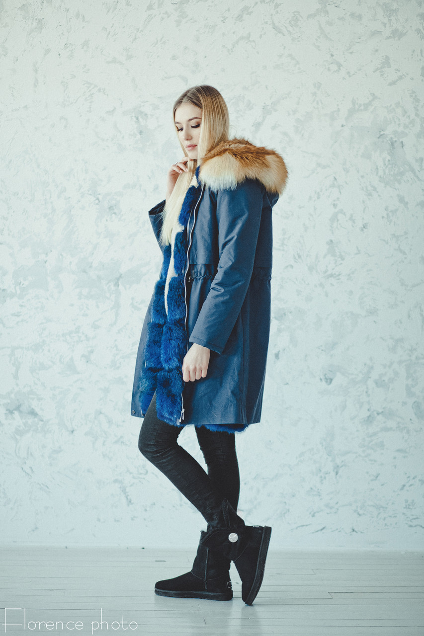 

Парка меховая с кроликом Пухната Лисиця Синяя 1059