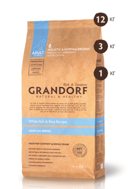 

Сухой корм для собак всех пород Grandorf White Fish & Rice Adult All Breeds с белой рыбой и бурым рисом 12 кг