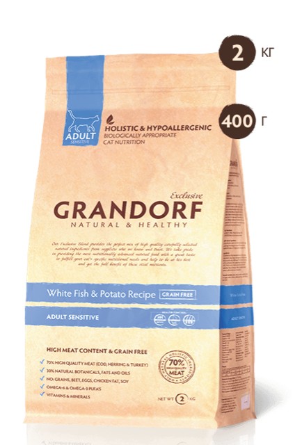 

Сухой корм для котов с чувствительным пищеварением Grandorf White Fish & Potato Adult Sensitive Cat с белой рыбой и сладким картофелем 400 гр (5404009503404)