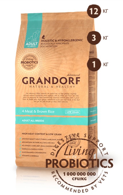 

Сухой корм для собак всех пород Grandorf 4 Meat & Brown Rice Adult All Breeds с 4мя видами мяса и бурым рисом 3 кг