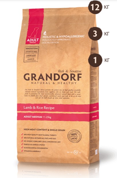 

Сухой корм для собак средних пород Grandorf Lamb & Rice Adult Medium с ягненком и бурым рисом 3 кг