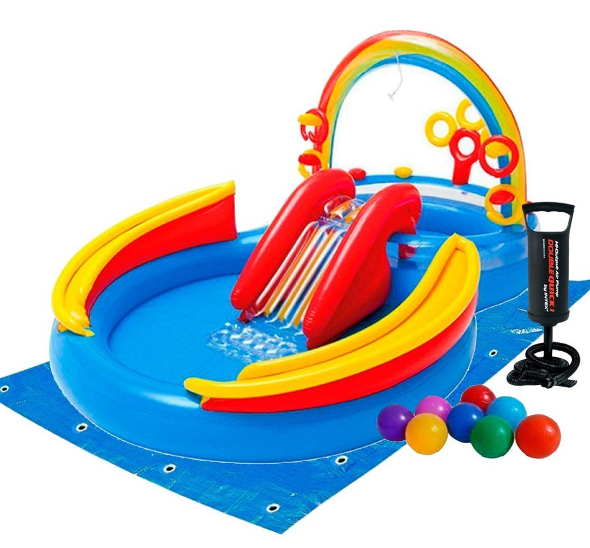 

Надувной развивающий игровой центр Intex «Радуга» 297х193х135 см с фонтаном, надувным кольцом + подстилка, насос и 16 шариков (int-57453-2)