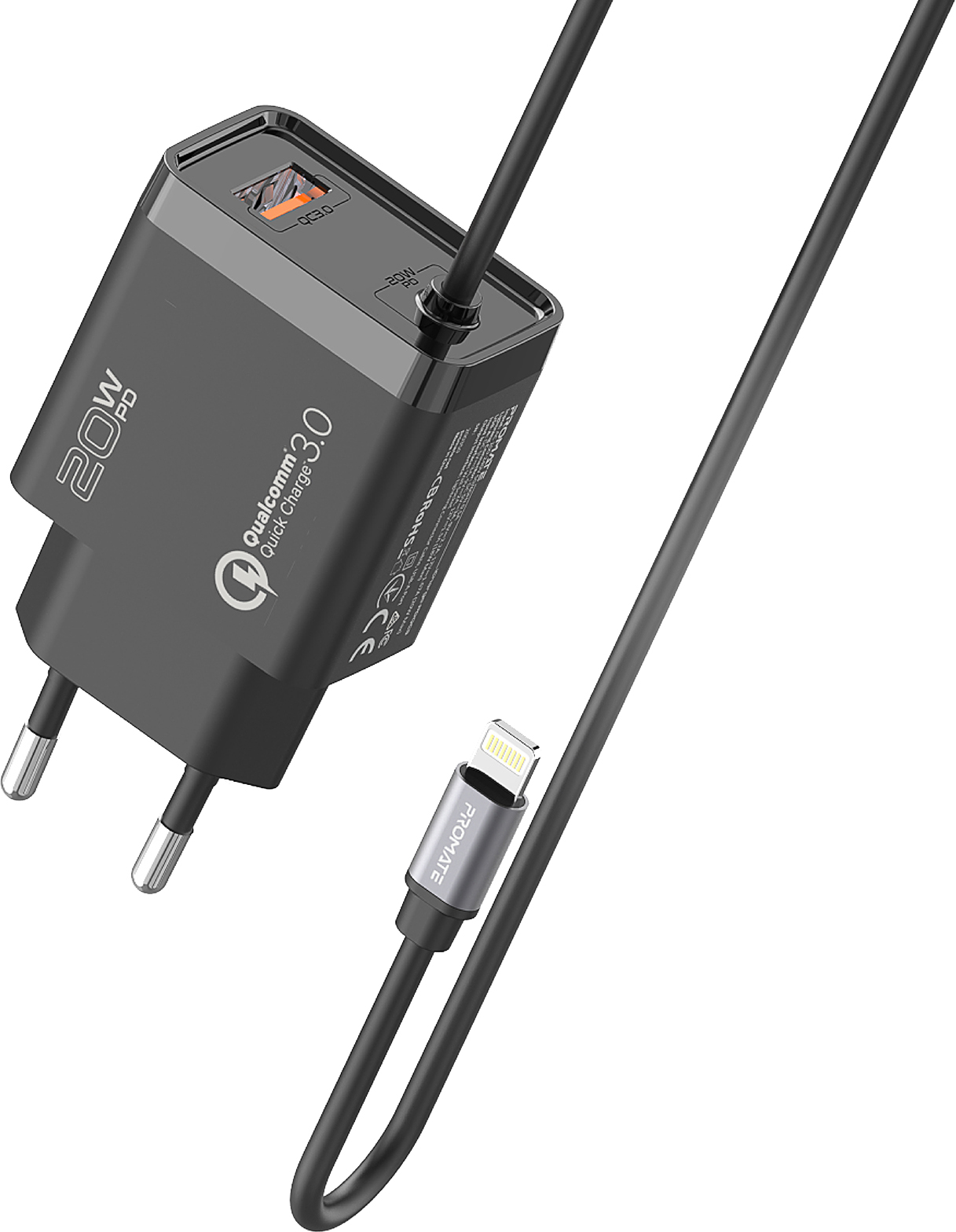 

Сетевое зарядное устройство Promate iCharge-PDQC3 20Вт PD Lightning connector+USB QC3.0 Black (icharge-pdqc3.black)