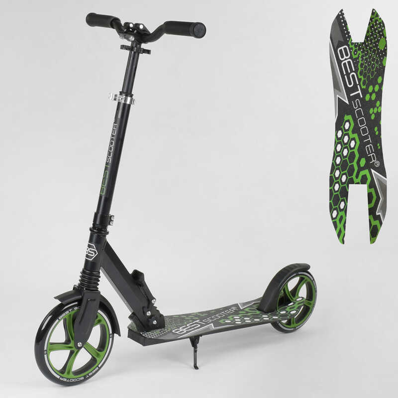 

Самокат детский Best Scooter с PU колесами, зажимом руля и 1 амортизатором Black/Green (88919)