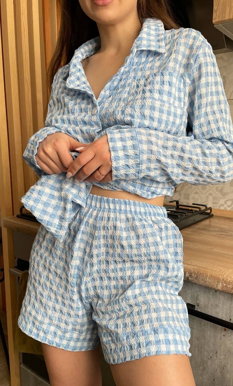 

Пижама Hochu.brand (Рубашка+Шорты) S в клетку голубая