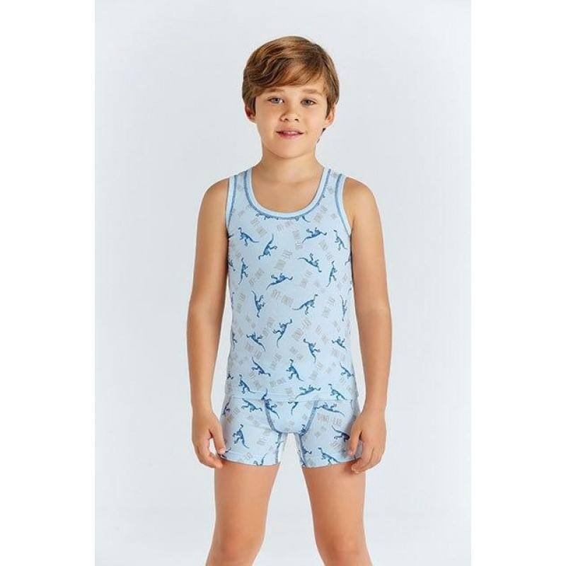 

Детский компект для мальчика майка + трусики боксеры Baykar Турция с динозаврами р 0 86-92 см 1-2 года голубой 2584-3584