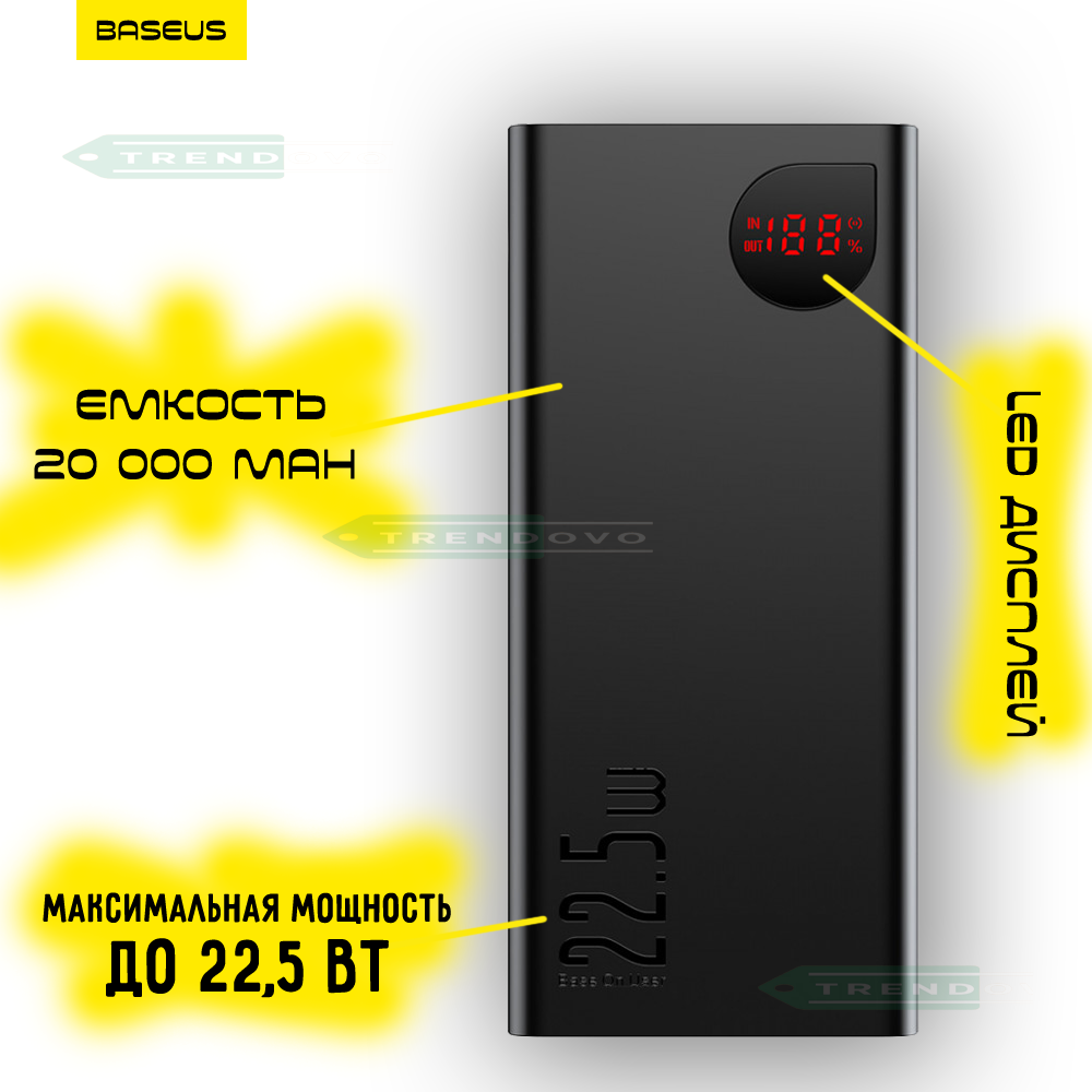 

УМБ Повербанк для телефона Baseus Adaman Metal Digital Display с поддержкой QC3.0 и PD3.0 Емкость 20000mAh White Портативное универсальное зарядное устройство для смартфона гаджетов Портативная внешняя батарея