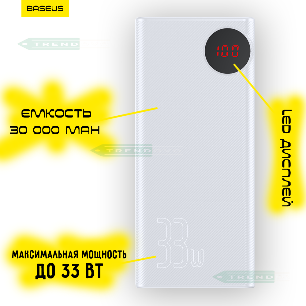 

УМБ Повербанк для телефона Baseus Mulight 33W с поддержкой QC3.0 и PD3.0 Емкость 30000mAh White Портативное универсальное зарядное устройство для смартфона гаджетов Портативная внешняя батарея