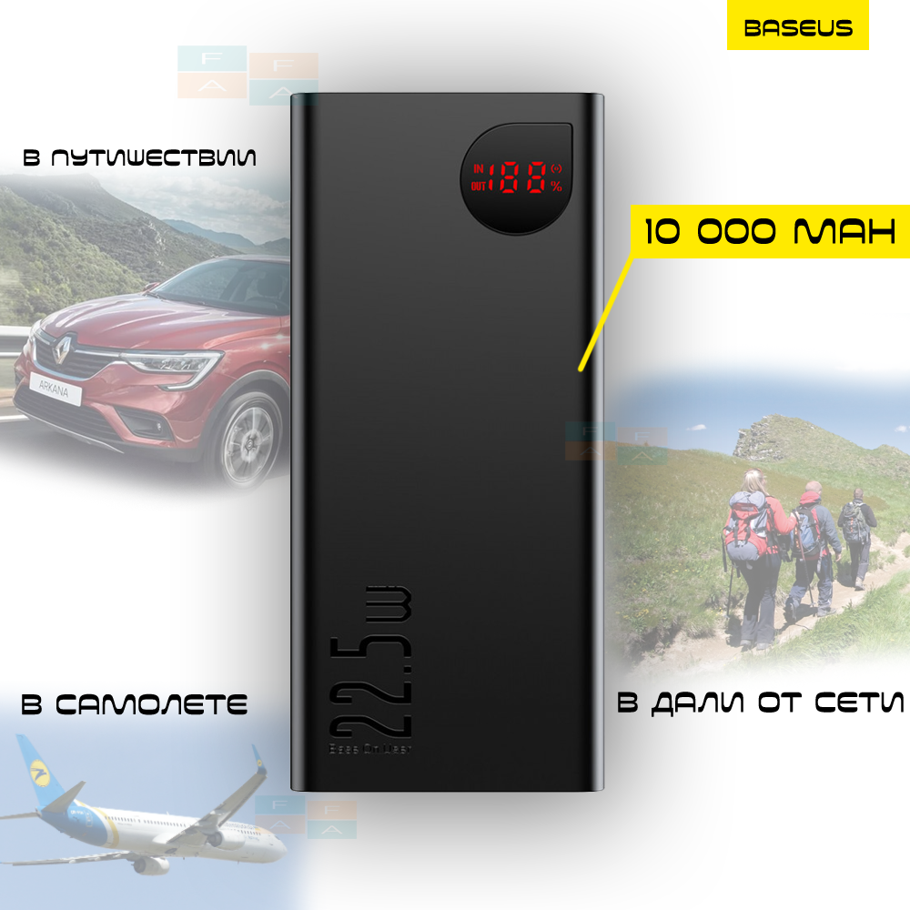 

Портативная Батарея Baseus Adaman Metal Digital Display 22.5W 10000mAh УМБ Павербак для смартфона Портативное универсальное зарядное устройство для телефона гаджетов Black