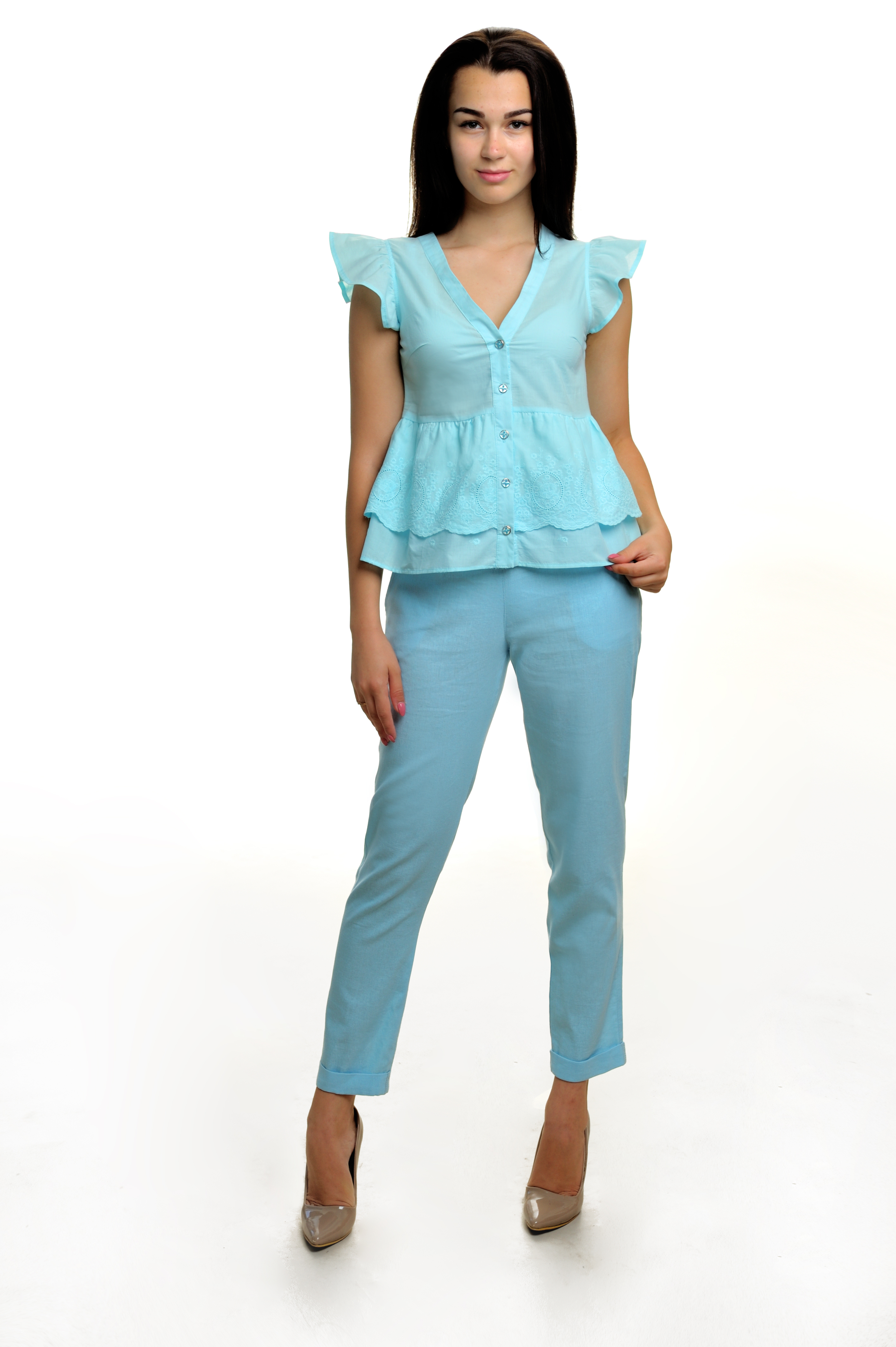

Блуза Wear me женская на пуговицах с рюшами и двойной баской XS Синий 1w/14/70
