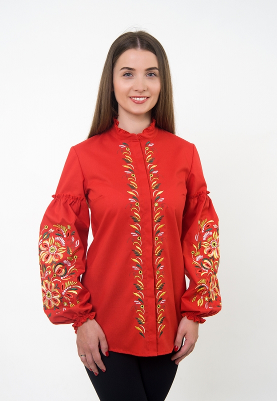 

Вышитая рубашка Vyshyvanka "Петриковская роспись + ришелье"  Красная 4195, Вышитая рубашка Vyshyvanka "Петриковская роспись + ришелье" 54 Красная 4195