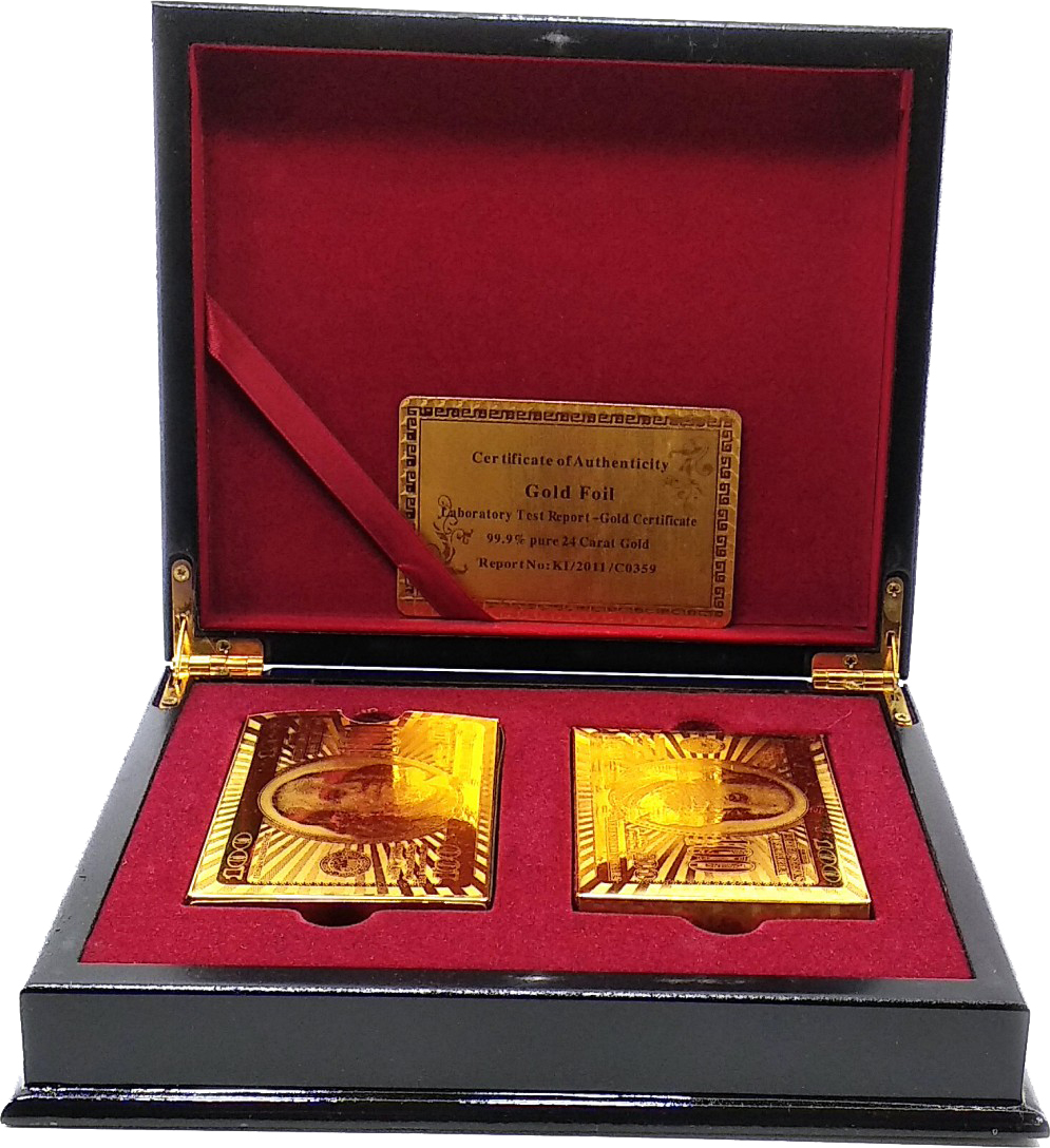 

Набор подарочный Duke Gold Playing Cards на 2 колоды 100% пластиковых карт "100 Dollars" 54 карты, золото/черный лак (19х16х4.6 см) (DN32416)