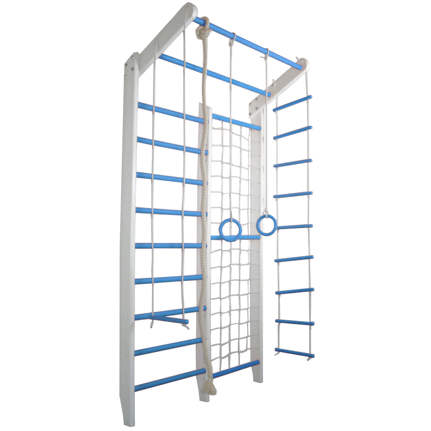 

Спортивный Гимнастический Комплекс из сосны Шведская стенка с сеткой для дома, зала бело-голубой 120х55х230см