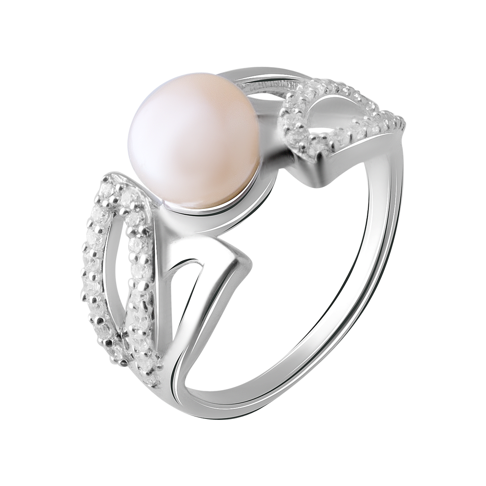 

Срібна каблучка 925 проби 3,75 гр. з персиковою перлиною з о.Таїті "Maruata Pearls" та білими топазами 2,52 карат Valentine розмір 17.5