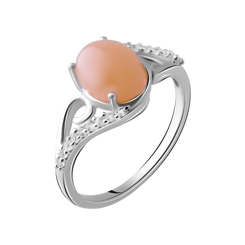 

Срібна каблучка 925 проби 2,52 гр. з індійським персиковим місячним каменем та білими топазами 2,19 карат Valentine розмір 18.0