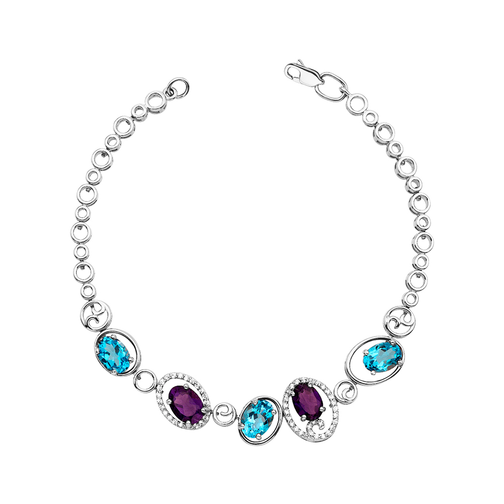 

Браслет из белого золота с топазами, аметистами и цирконием 000143501 18 размера