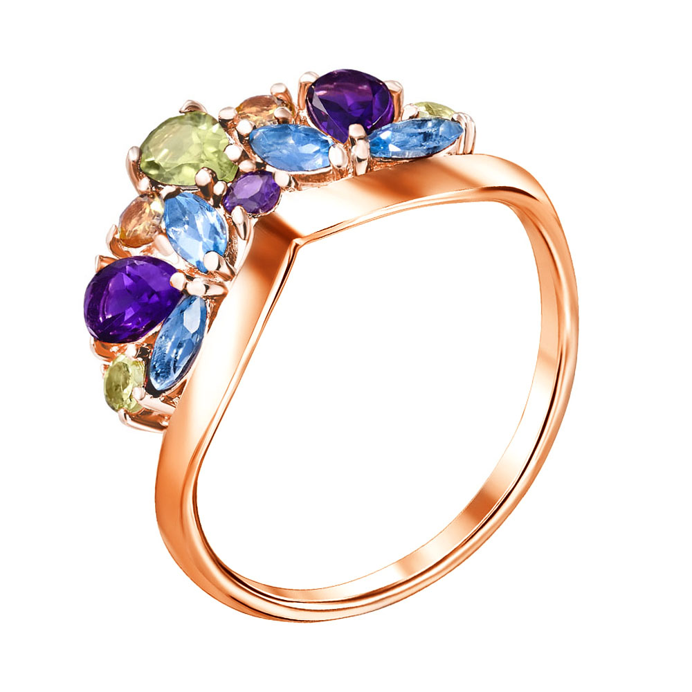 

Кольцо из красного золота с аметистами, топазами, хризолитами и цитринами 000121585 17 размера