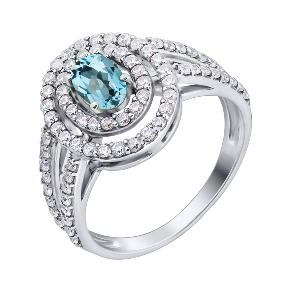 

Серебряное кольцо с топазом swiss blue и фианитами 000135773 16 размера