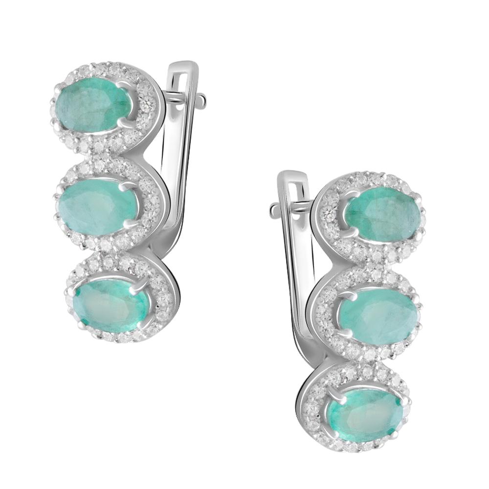 

Срібні сережки 925 проби 5,95 г з Колумбійським смарагдом класу AAAА та білими цирконами 3,36 карат Valentine