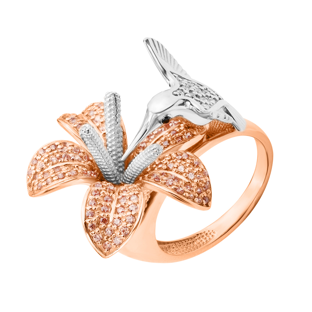 

Золотое кольцо Птица с лилией в красном цвете с фианитами 000130288 18 размера