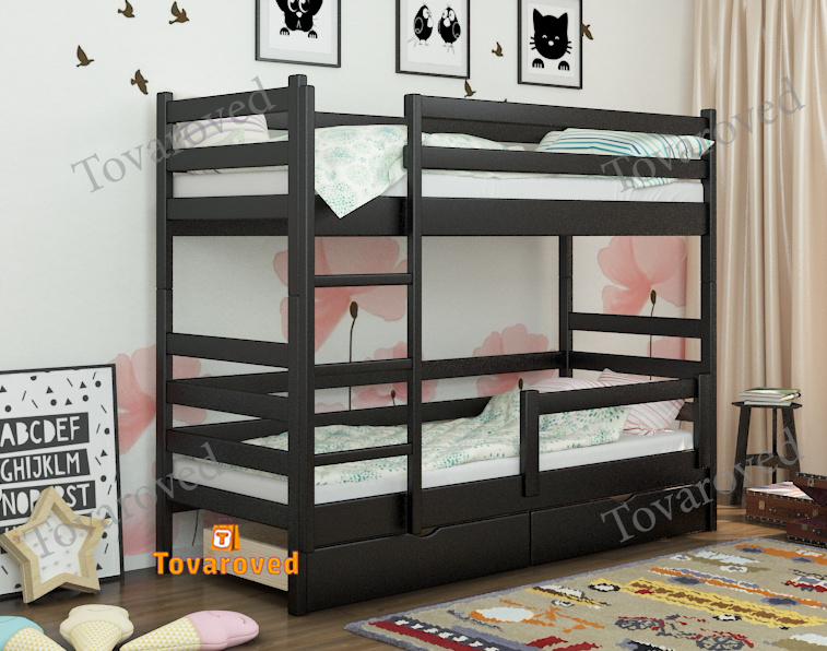 

Двухъярусная кровать с Ящиками 80х200 и бортиком защитным внизу Wellmebely Соня Трансформер сосна Венге Л6