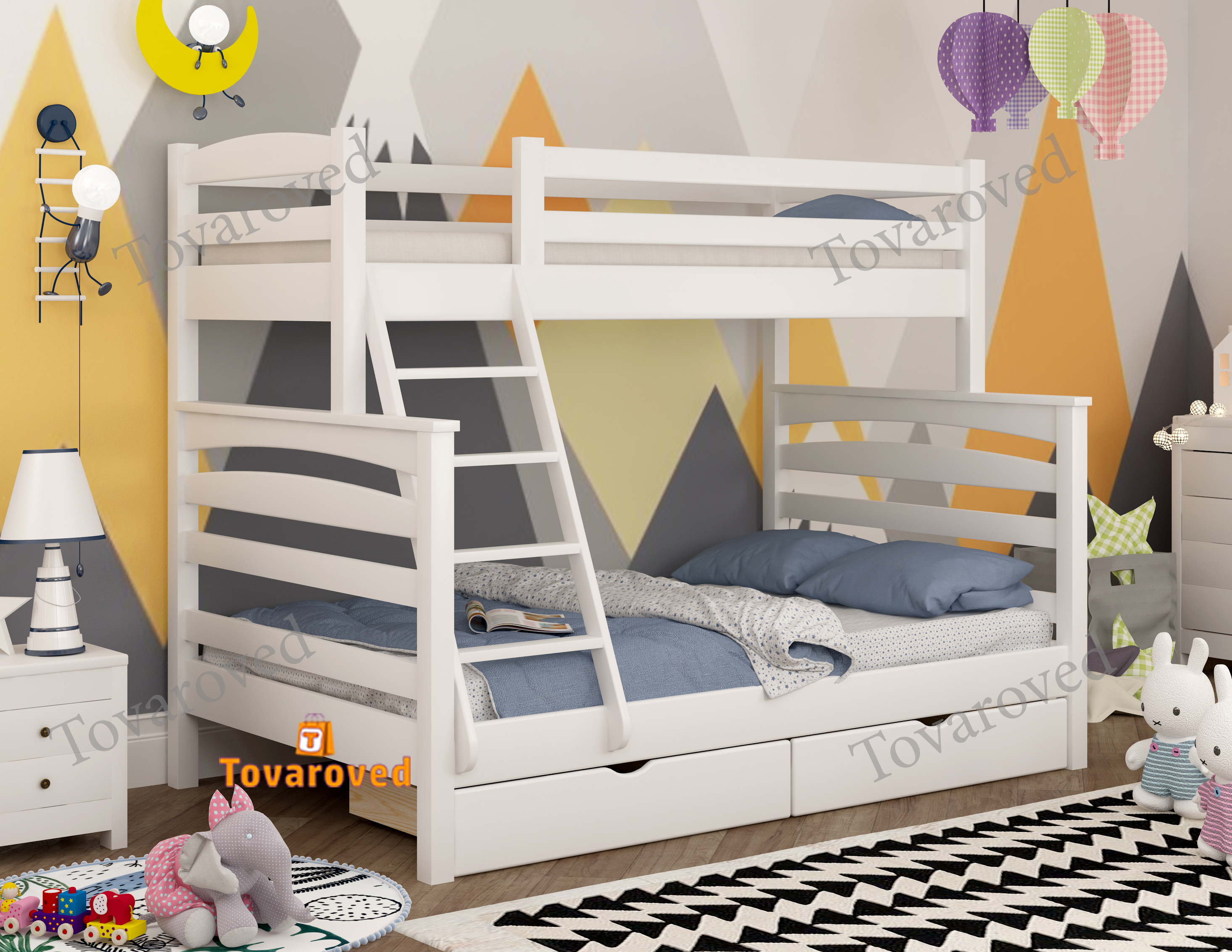 

Двухъярусная кровать с Ящиками 80х120х190 Wellmebely Кай Трансформер сосна Белый Л6